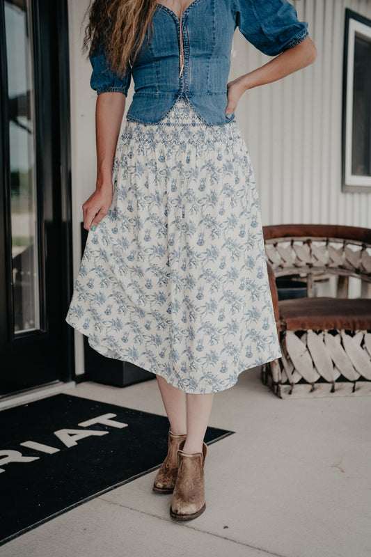 'Iris' Blue Floral Print Smocked Waist Midi Skirt (S-L)