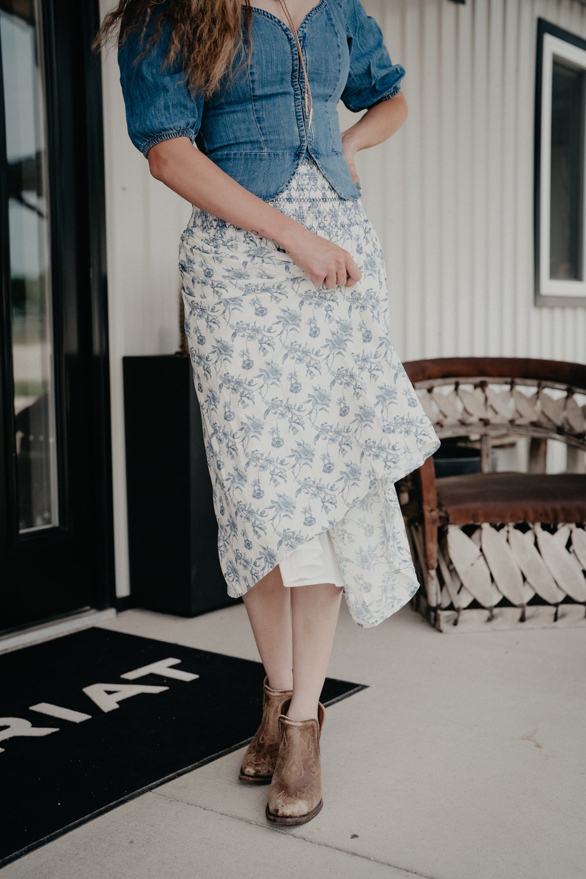 'Iris' Blue Floral Print Smocked Waist Midi Skirt (S-L)