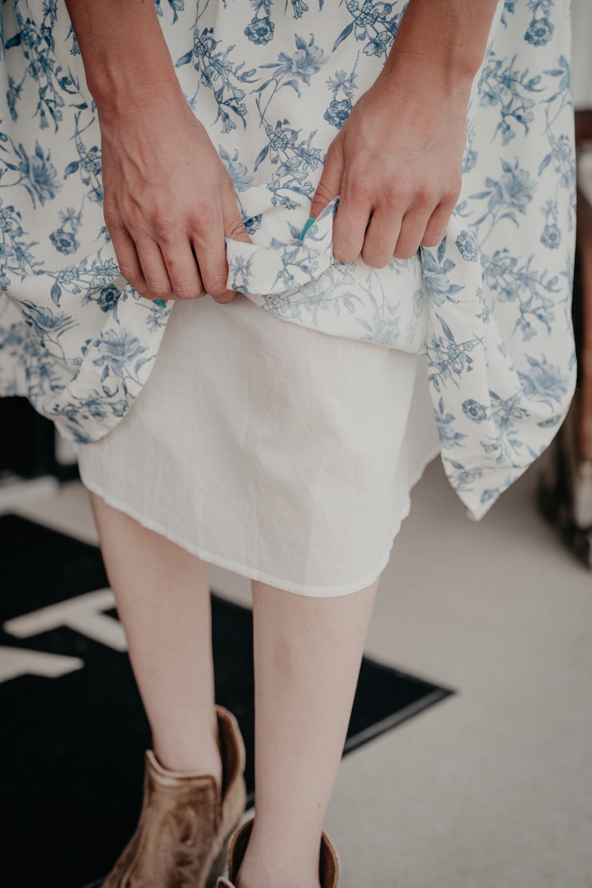 'Iris' Blue Floral Print Smocked Waist Midi Skirt (S-L)