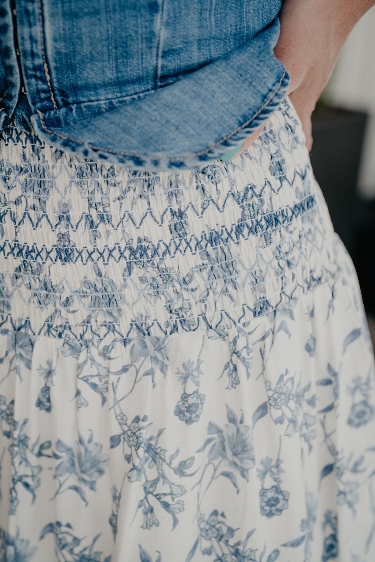 'Iris' Blue Floral Print Smocked Waist Midi Skirt (S-L)