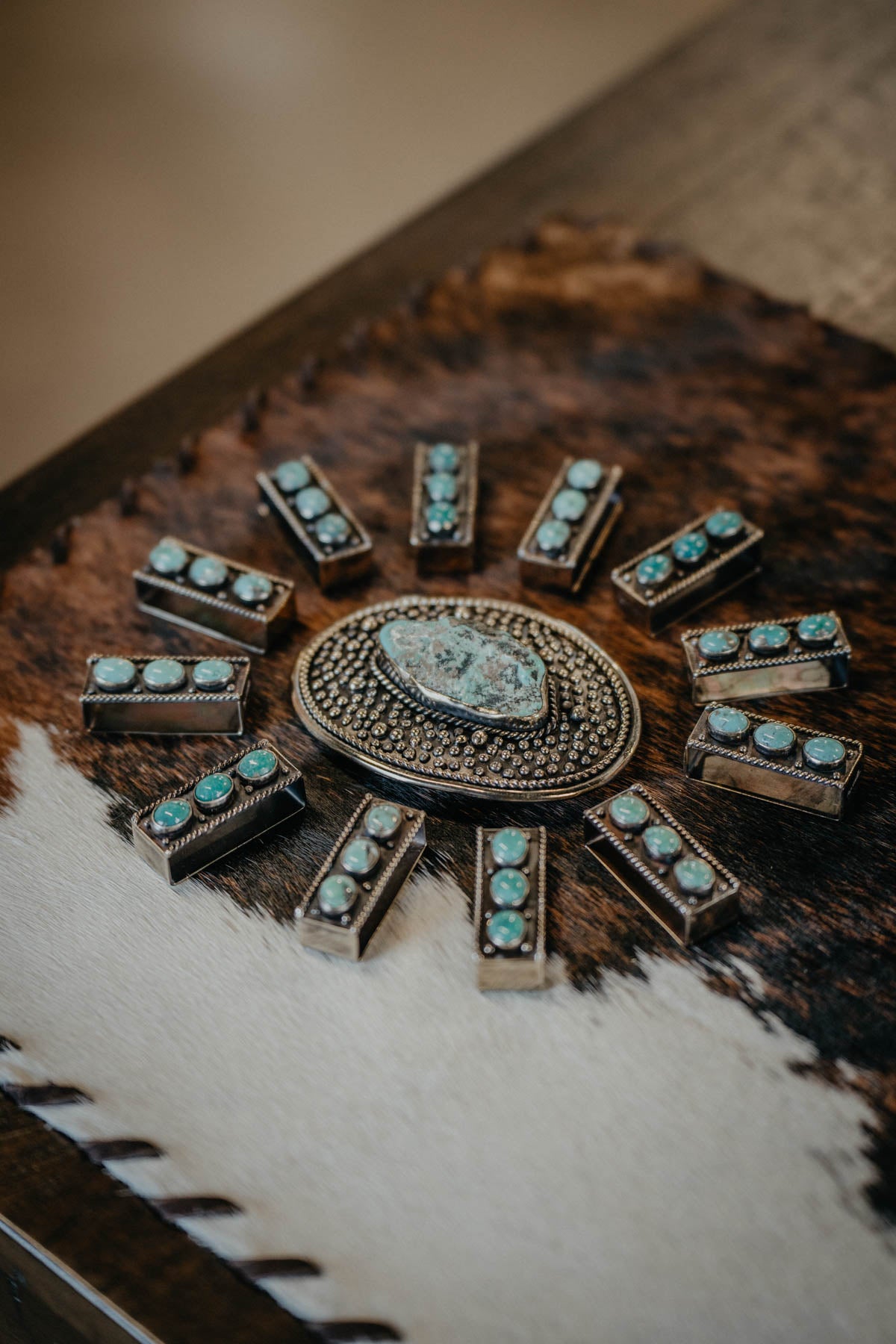 Rope Edge Belt Keeper German Silver with Turquoise Stones by Paige Wallace