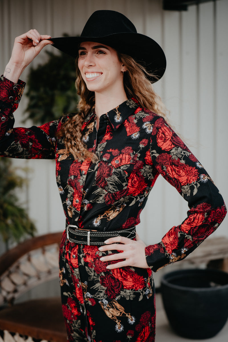 'Jessa' Women's Wrangler Floral Black Snap Dress (S-XXL)