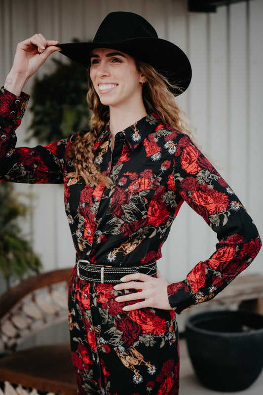 'Jessa' Women's Wrangler Floral Black Snap Dress (S-XXL)