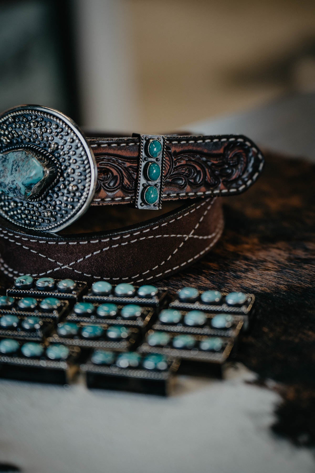 Rope Edge Belt Keeper German Silver with Turquoise Stones by Paige Wallace