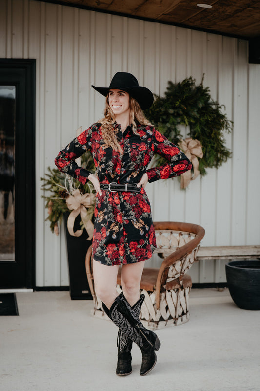'Jessa' Women's Wrangler Floral Black Snap Dress (S-XXL)