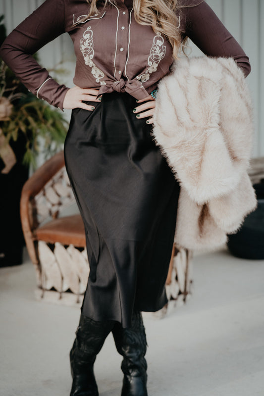 'Izabel' Luxe Black Satin Midi Skirt (XS-L)