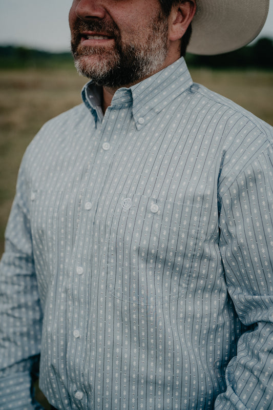 'Outrider' Men's George Straight Slate Blue with Small White Floral Stripe Long Sleeve Button Up by Wrangler (S-XXL)