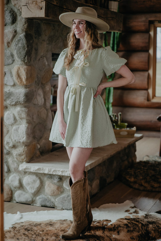 'May' Soft Sage Bow Tie Front Dress (S ONLY)