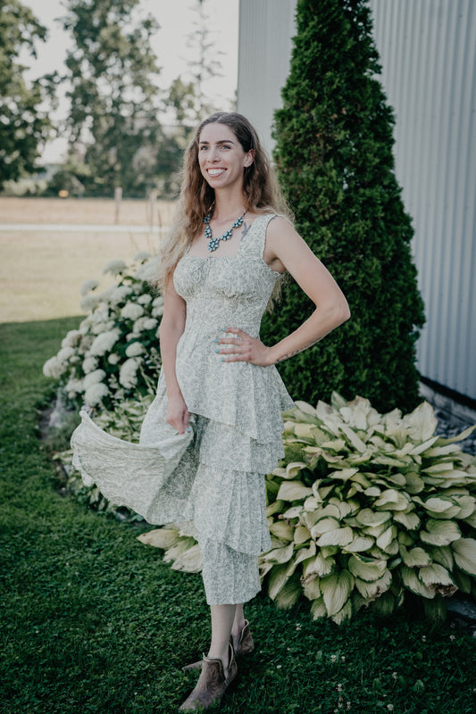'Sallie' Sage Green Floral Tiered Midi Dress by Rock & Roll (XS-XL)