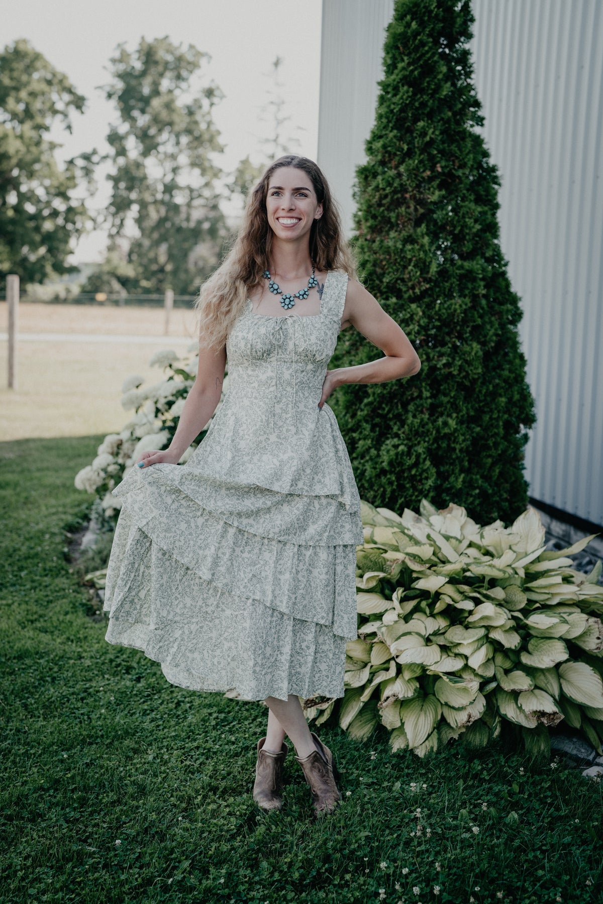 'Sallie' Sage Green Floral Tiered Midi Dress by Rock & Roll (XS-XL)