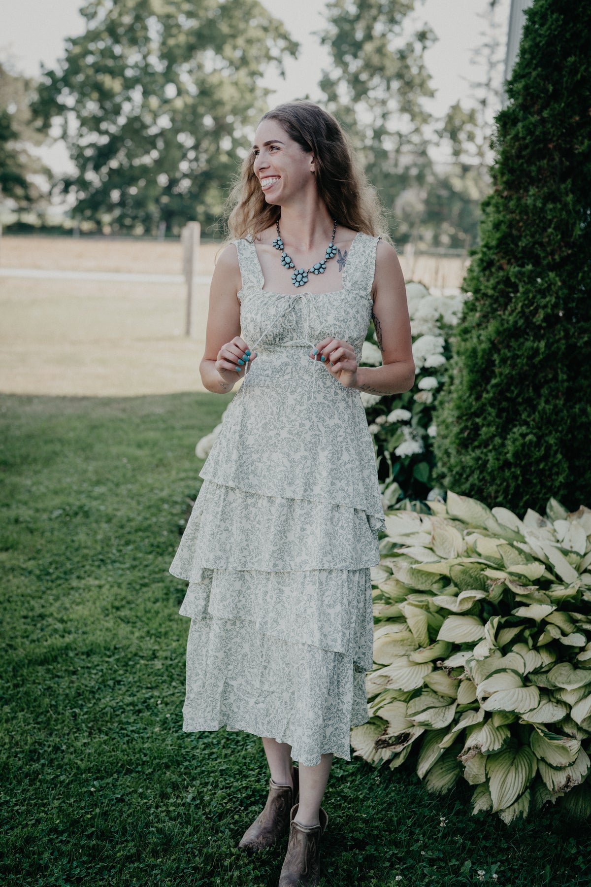 'Sallie' Sage Green Floral Tiered Midi Dress by Rock & Roll (XS-XL)