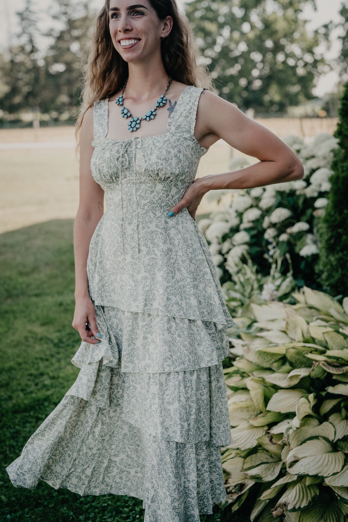 'Sallie' Sage Green Floral Tiered Midi Dress by Rock & Roll (XS-XL)