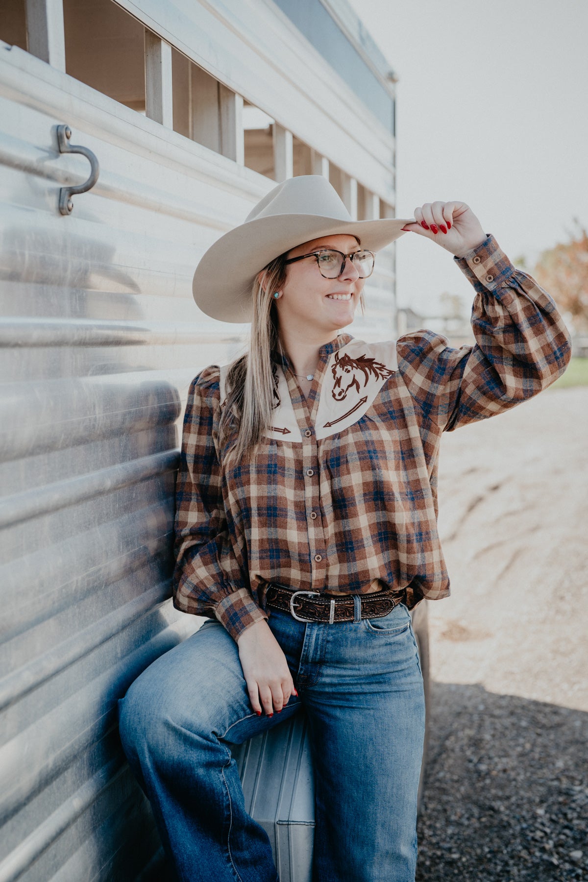 'Greta' Horse Embroidered Plaid Button Up Blouse
