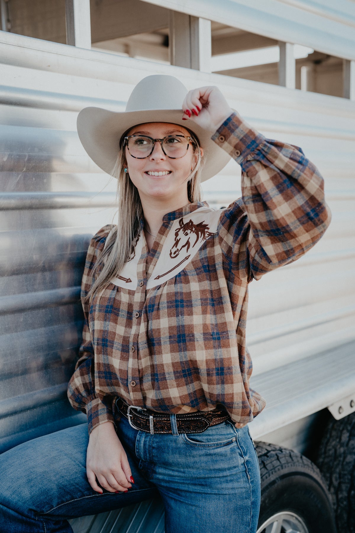 'Greta' Horse Embroidered Plaid Button Up Blouse