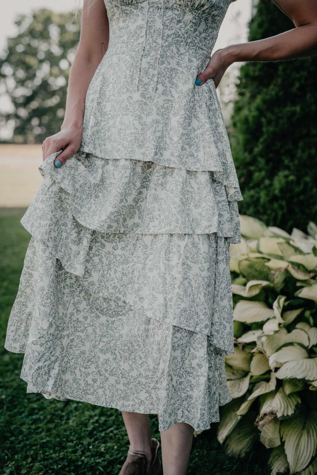 'Sallie' Sage Green Floral Tiered Midi Dress by Rock & Roll (XS-XL)