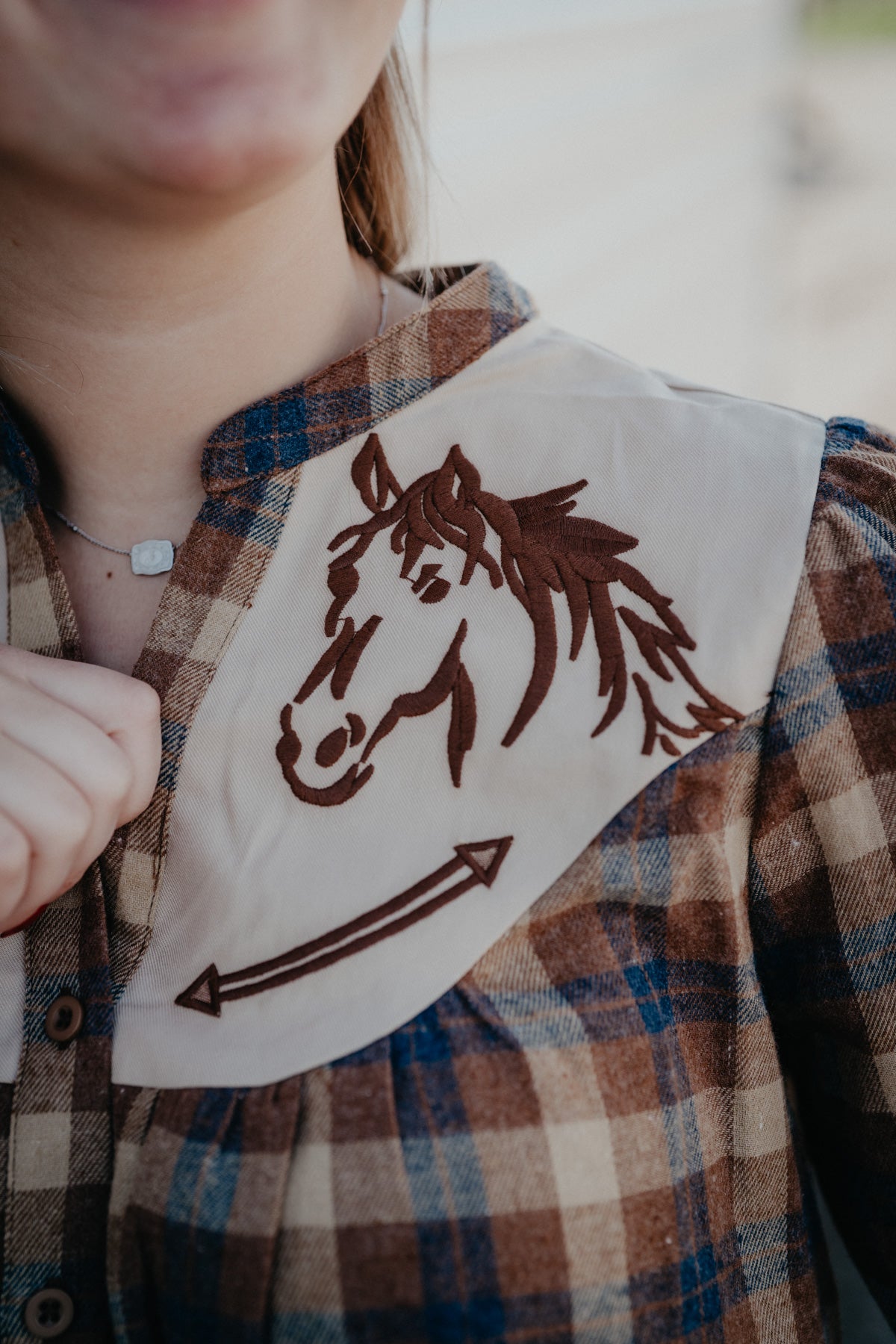 'Greta' Horse Embroidered Plaid Button Up Blouse