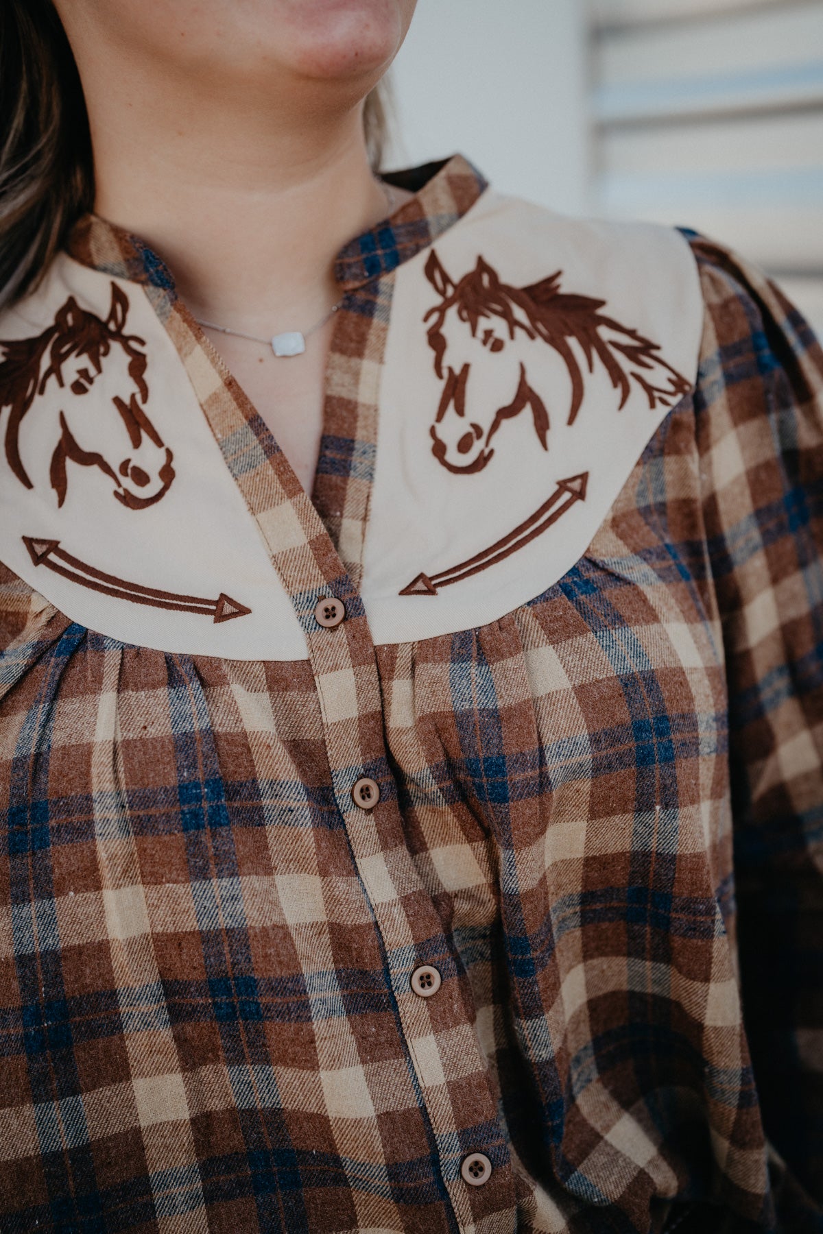 'Greta' Horse Embroidered Plaid Button Up Blouse