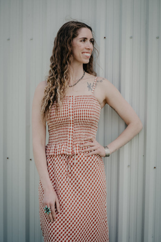'Gazania' Rust Gingham Print Tank (S - XL)