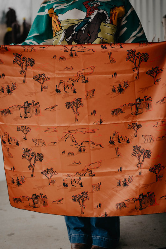 'High Desert Trails' Printed Orange Satin Wild Rag