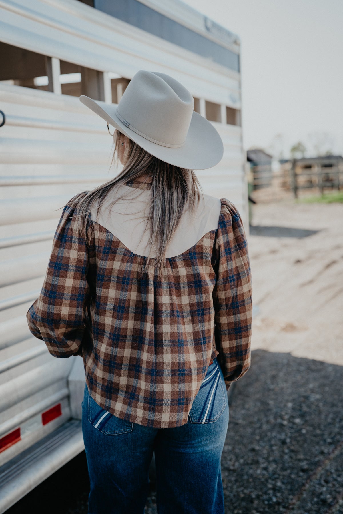 'Greta' Horse Embroidered Plaid Button Up Blouse