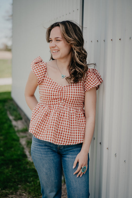 'Everden' Rust/Ivory Gingham Smocked Cap Sleeve Top (S - XXL)