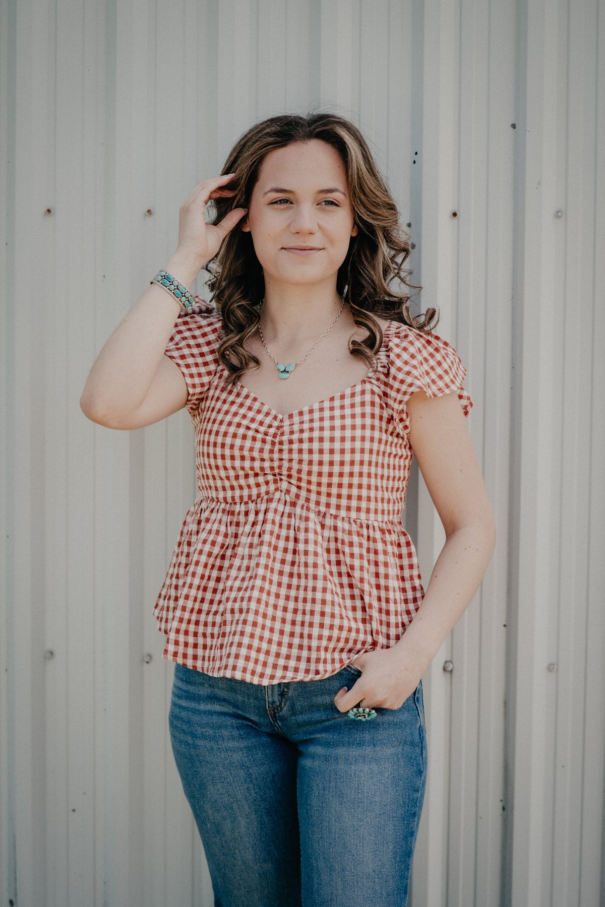 'Everden' Rust/Ivory Gingham Smocked Cap Sleeve Top (S - XXL)