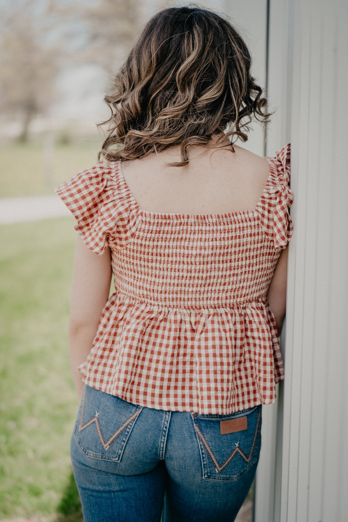 'Everden' Rust/Ivory Gingham Smocked Cap Sleeve Top (S - XXL)