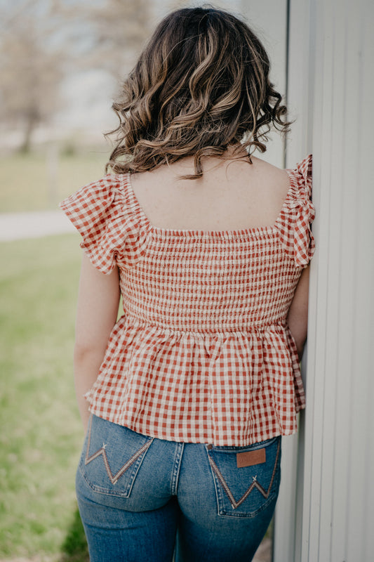 'Everden' Rust/Ivory Gingham Smocked Cap Sleeve Top (S - XXL)