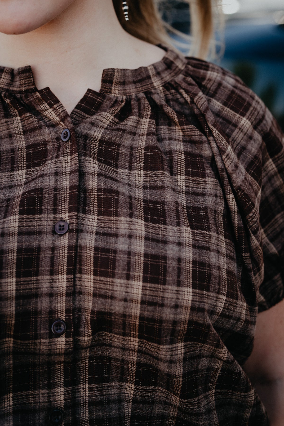 'Winnie' Button Up Puff Sleeve Plaid Top
