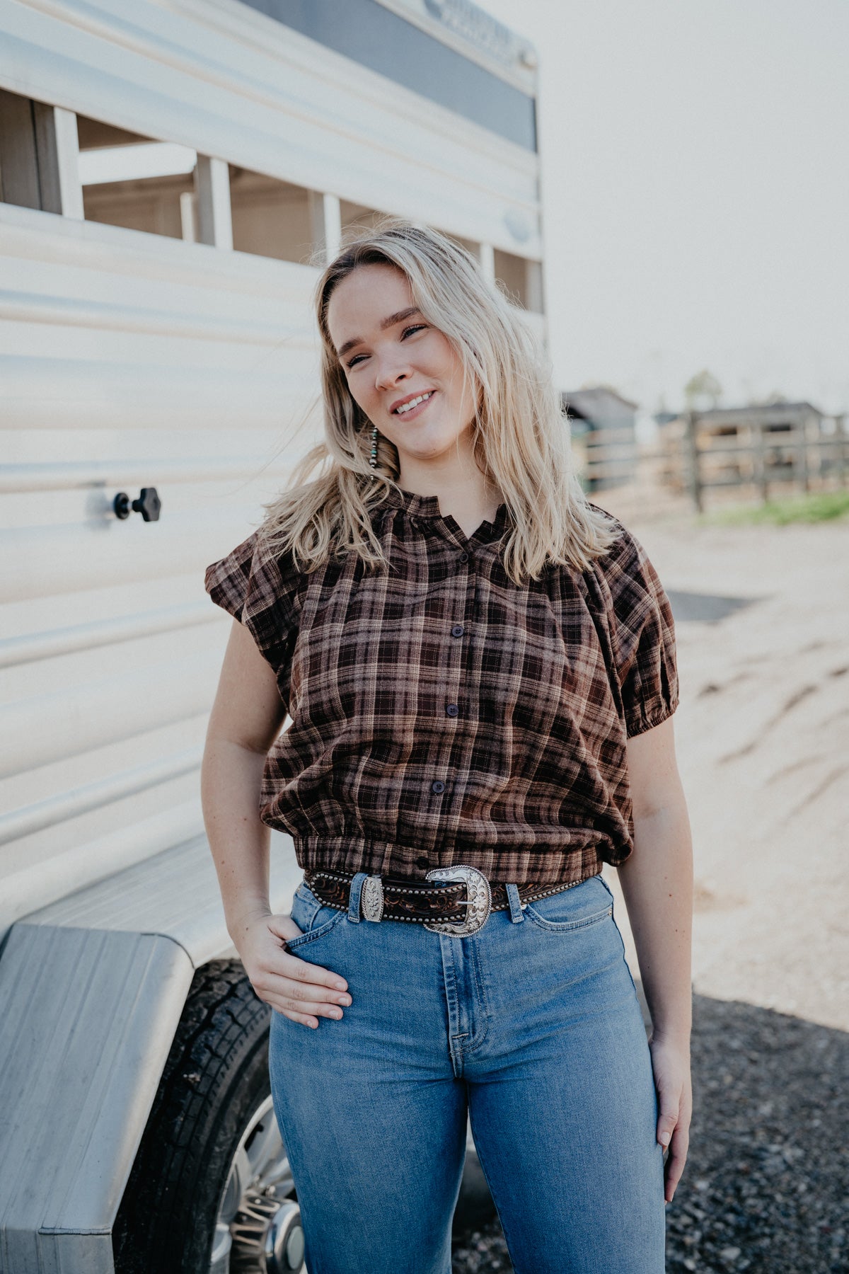 'Winnie' Button Up Puff Sleeve Plaid Top