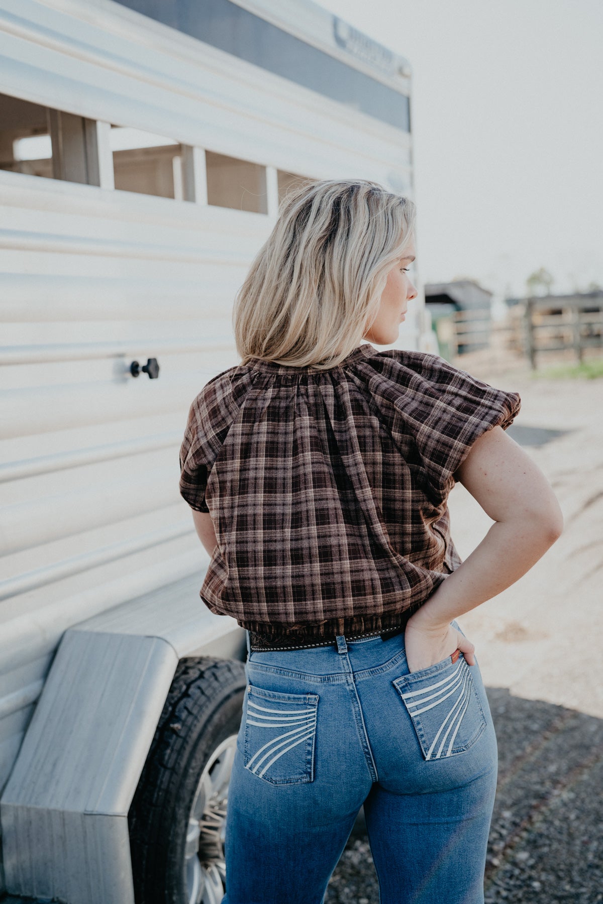 'Winnie' Button Up Puff Sleeve Plaid Top