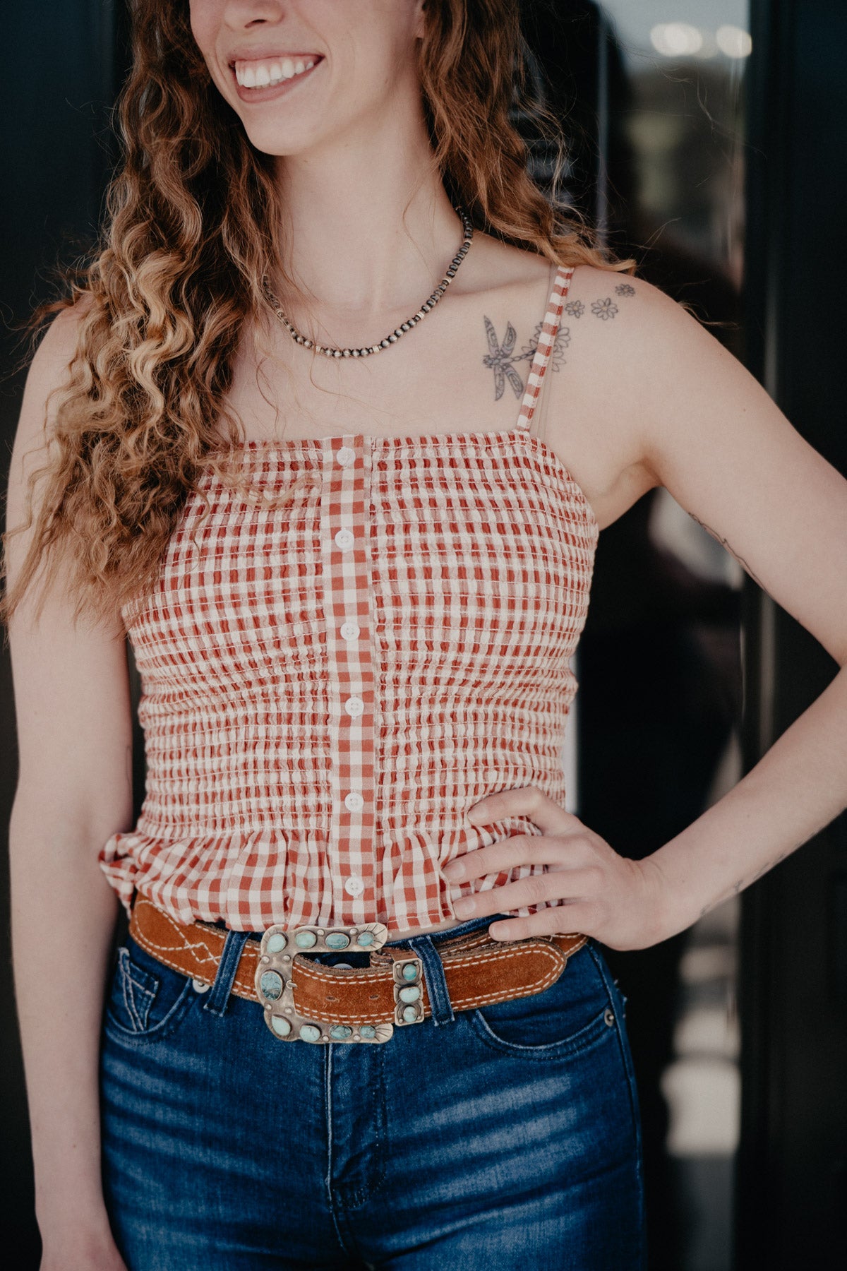 'Gazania' Rust Gingham Print Tank (S - XL)
