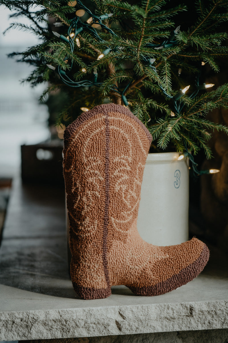 Brown Cowboy Boot Rug Hooked Accent Pillow
