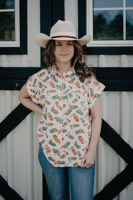 'Tecova' Ivory Boot Print Sleeve Collared Shirt (S - XXL)