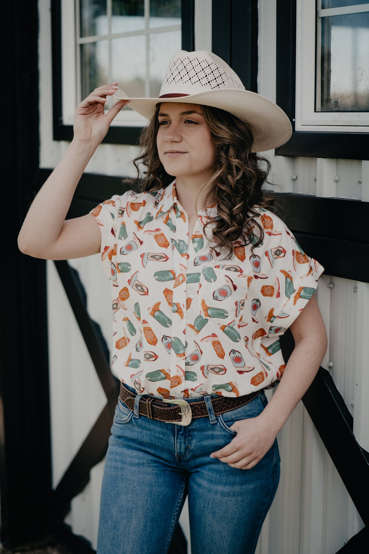 'Tecova' Ivory Boot Print Sleeve Collared Shirt (S - XXL)