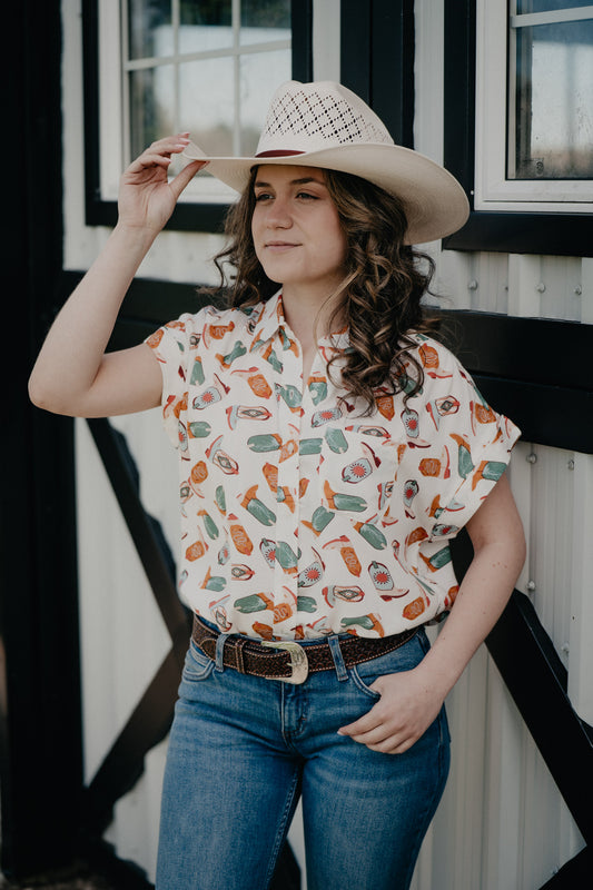 'Tecova' Ivory Boot Print Sleeve Collared Shirt (S - XXL)