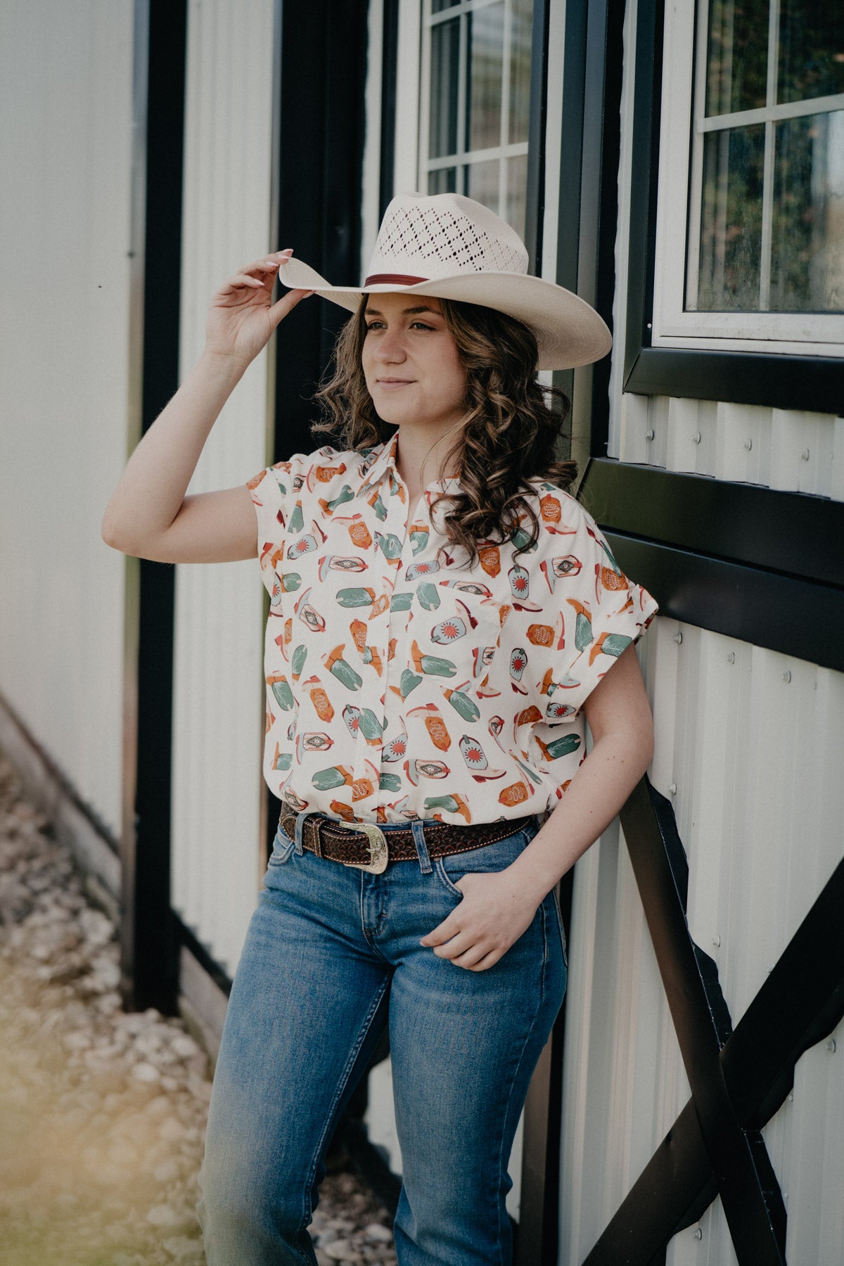'Tecova' Ivory Boot Print Sleeve Collared Shirt (S - XXL)