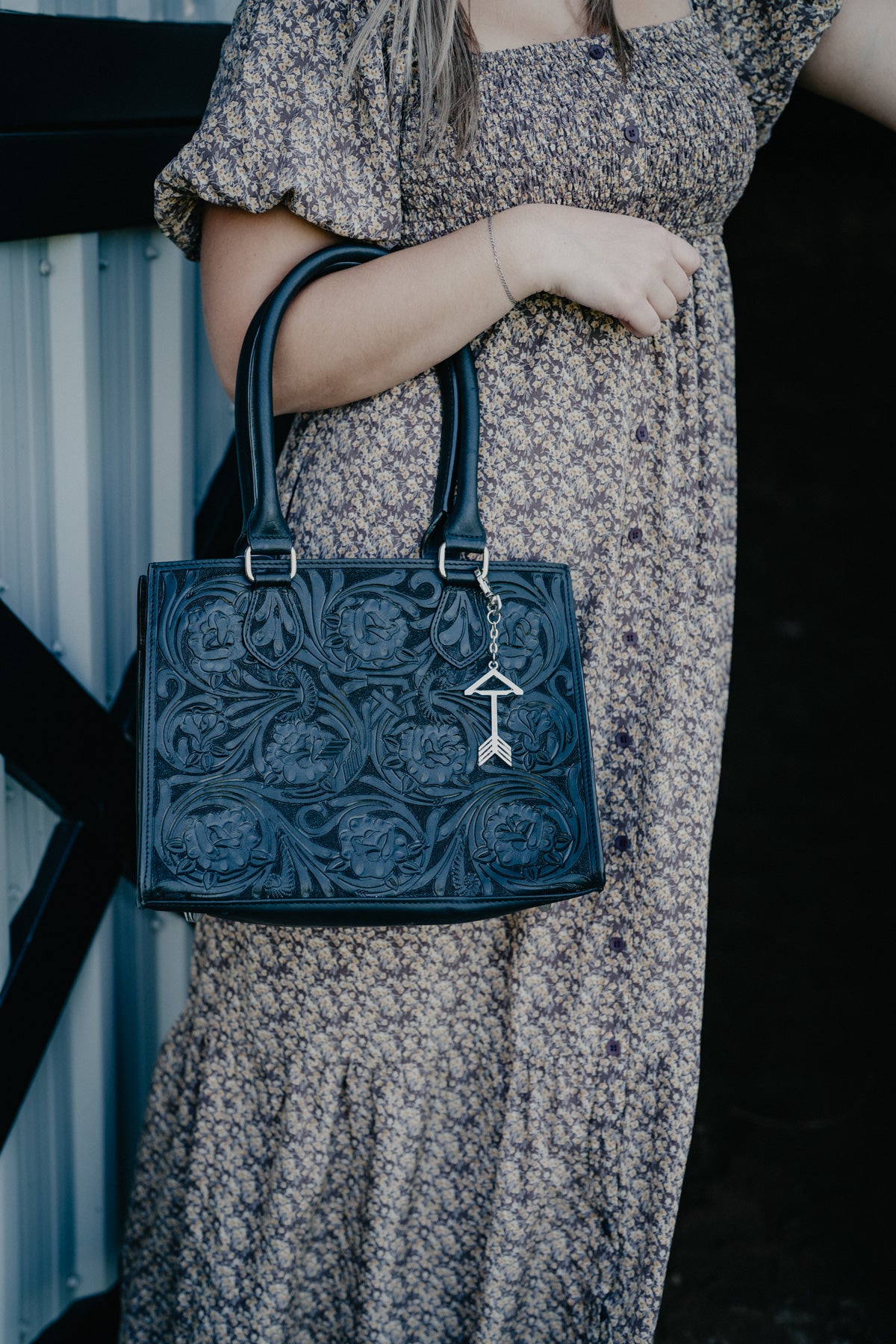 Medium Tote Hand Bag with Floral Carving