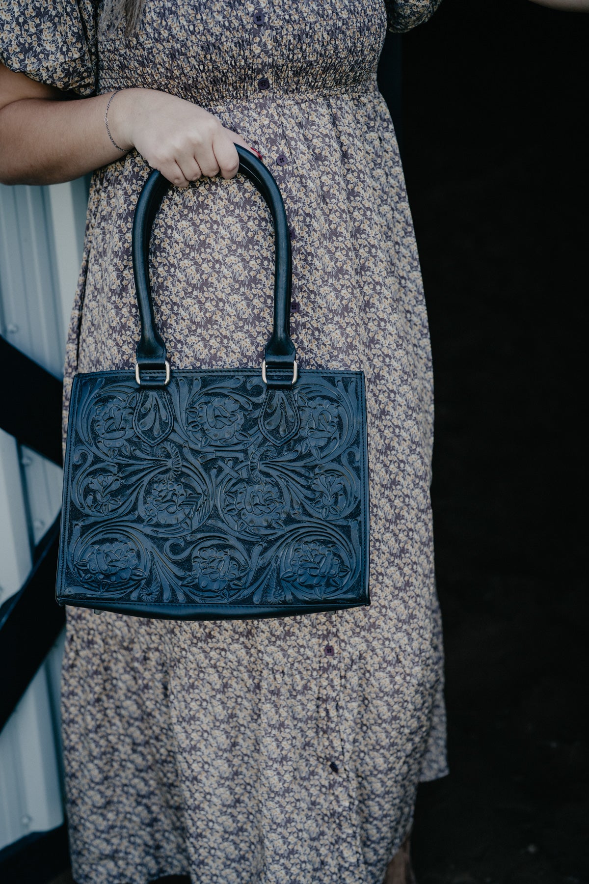 Medium Tote Hand Bag with Floral Carving
