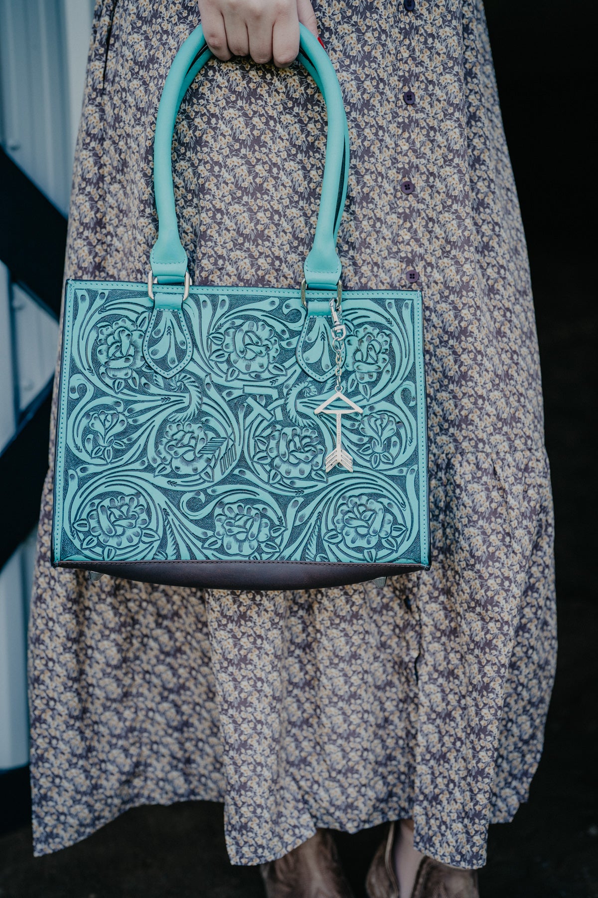 Medium Tote Hand Bag with Floral Carving
