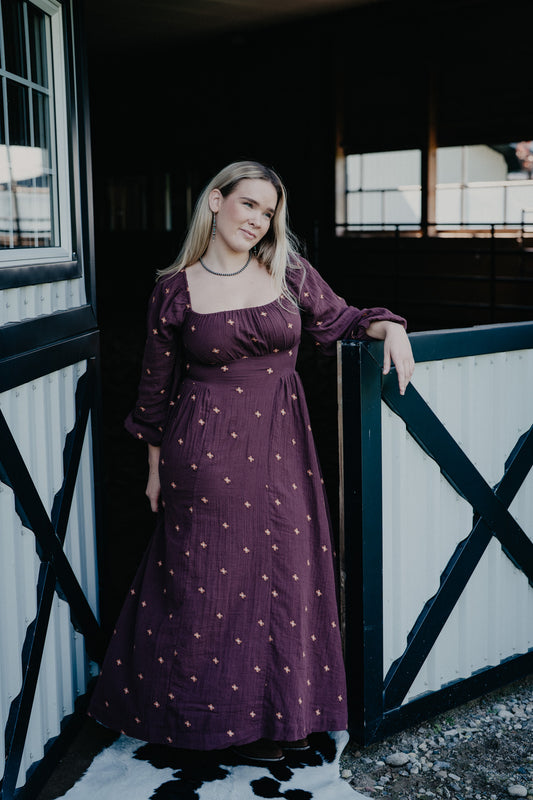 'Merlot' Embroidered Wine Long Sleeve Maxi Dress by Rock & Roll Denim