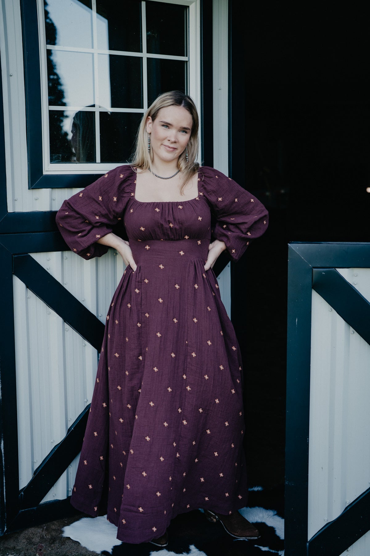 'Merlot' Embroidered Wine Long Sleeve Maxi Dress by Rock & Roll Denim