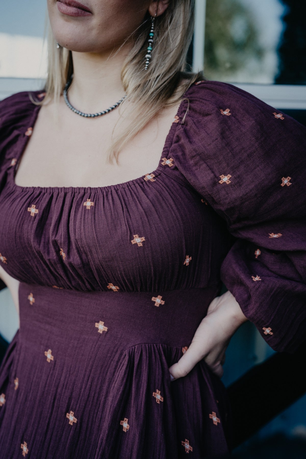 'Merlot' Embroidered Wine Long Sleeve Maxi Dress by Rock & Roll Denim