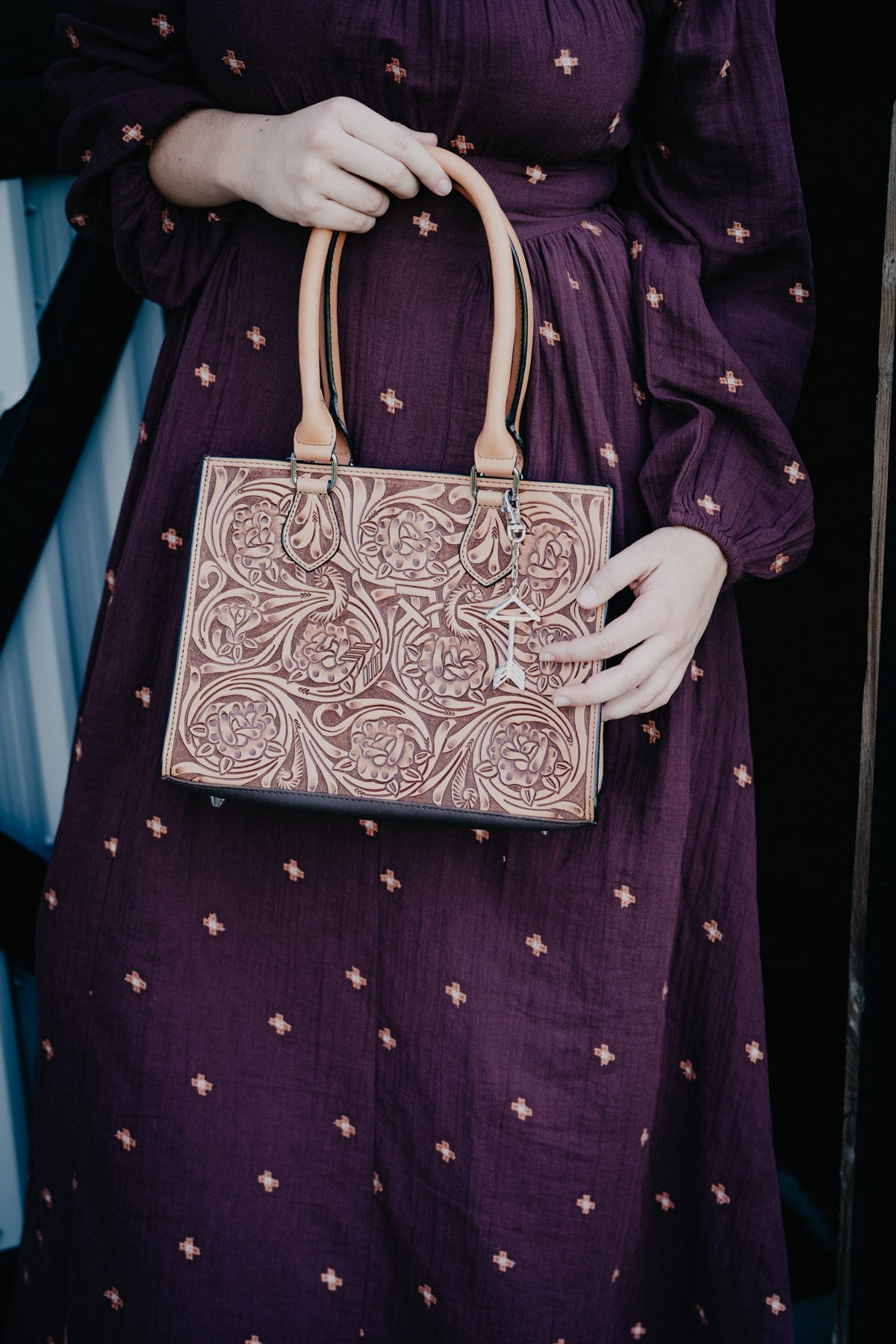 Medium Tote Hand Bag with Floral Carving