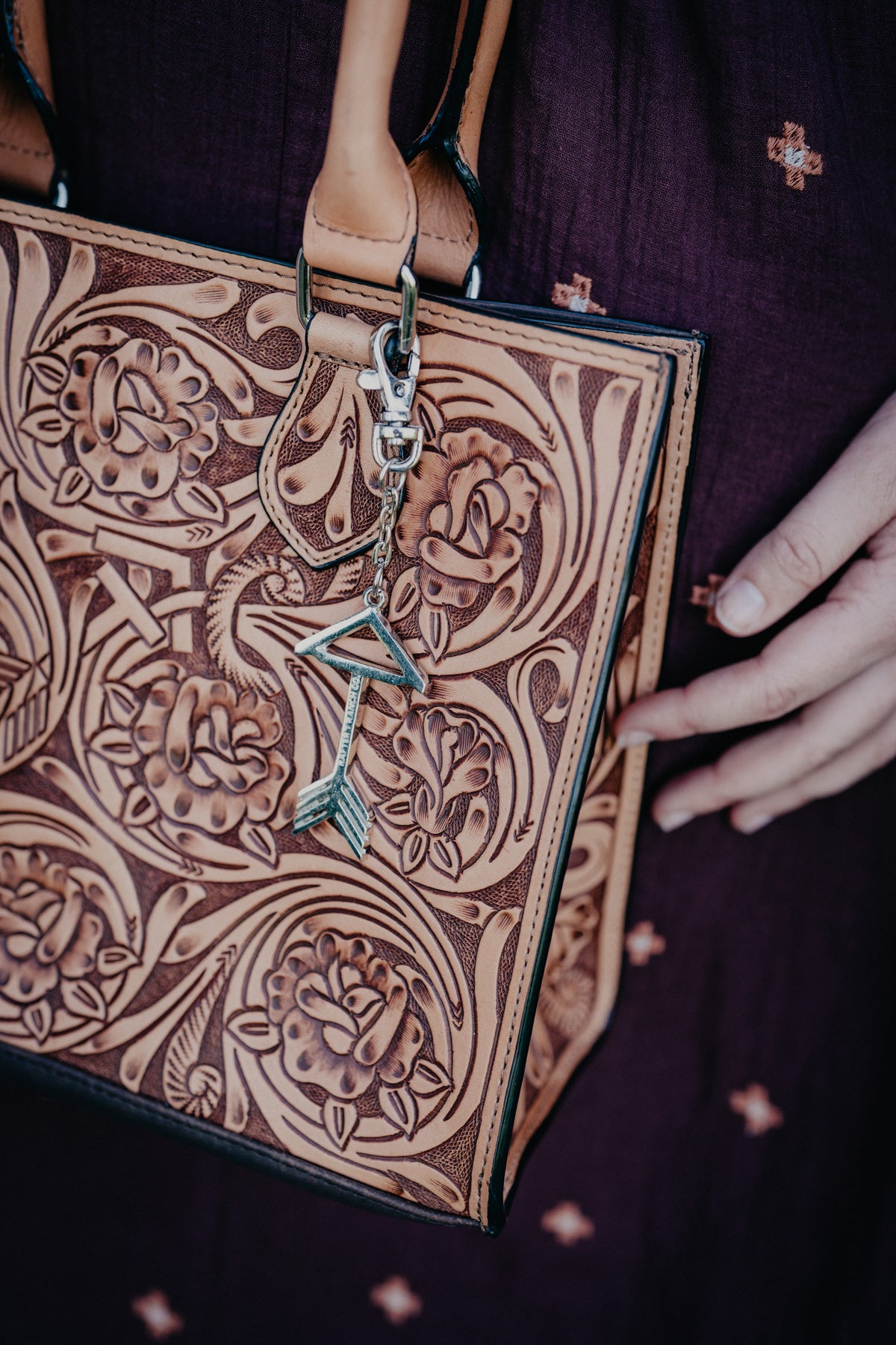 Medium Tote Hand Bag with Floral Carving