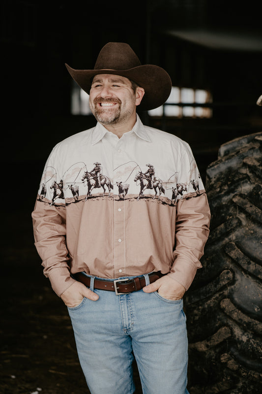 'Coy' Men's Vintage Cowboy Border Panhandle Pearl Snap (S-XL)