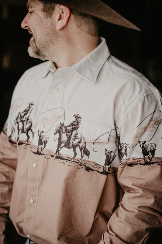 'Coy' Men's Vintage Cowboy Border Panhandle Pearl Snap (S-XL)