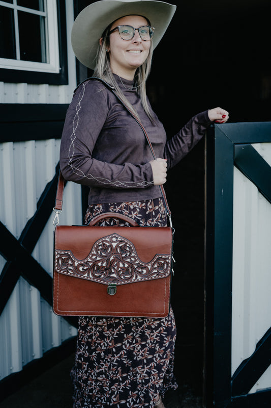Laptop Bag with Filigree Floral Carvings and White Buckstitching