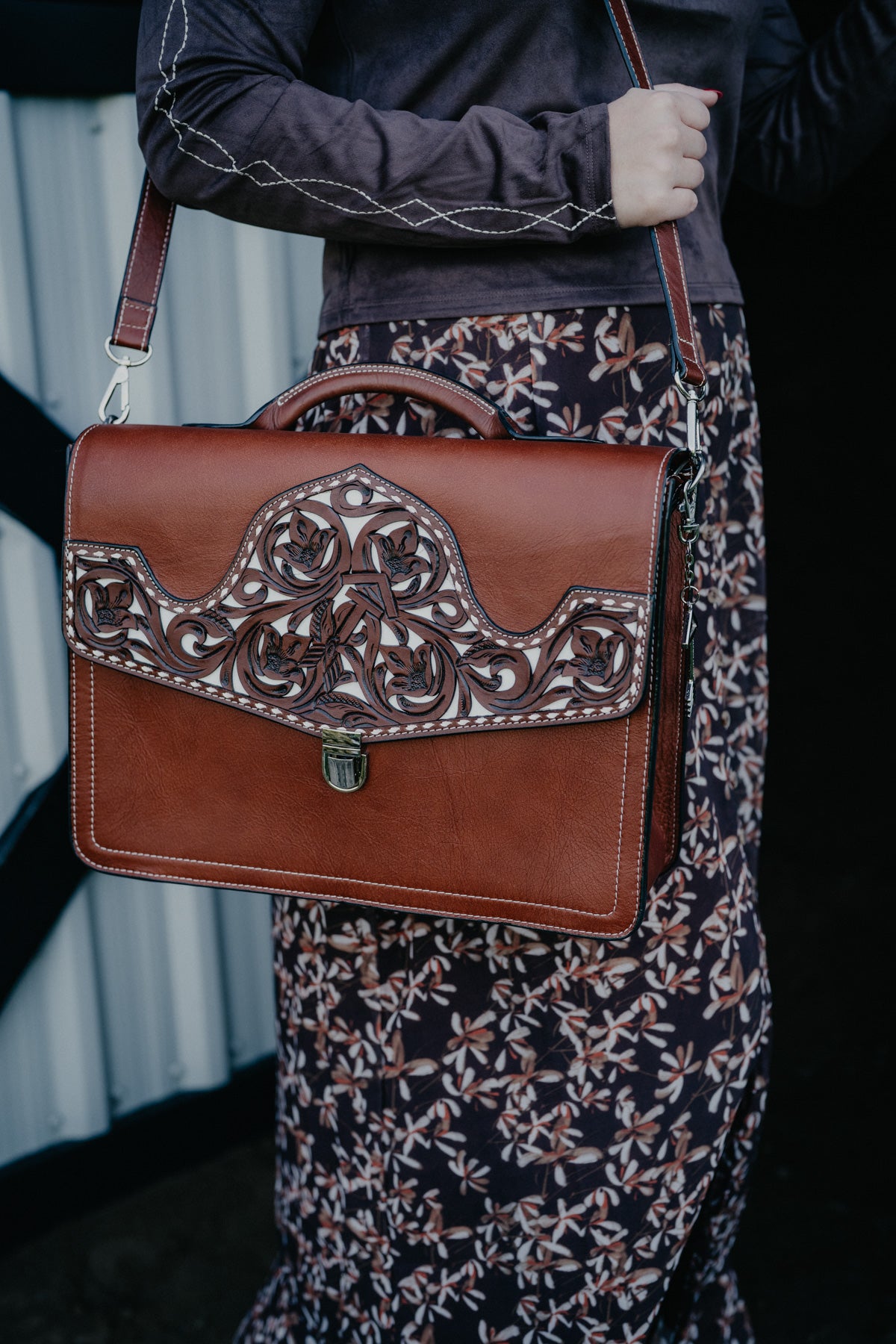 Laptop Bag with Filigree Floral Carvings and White Buckstitching