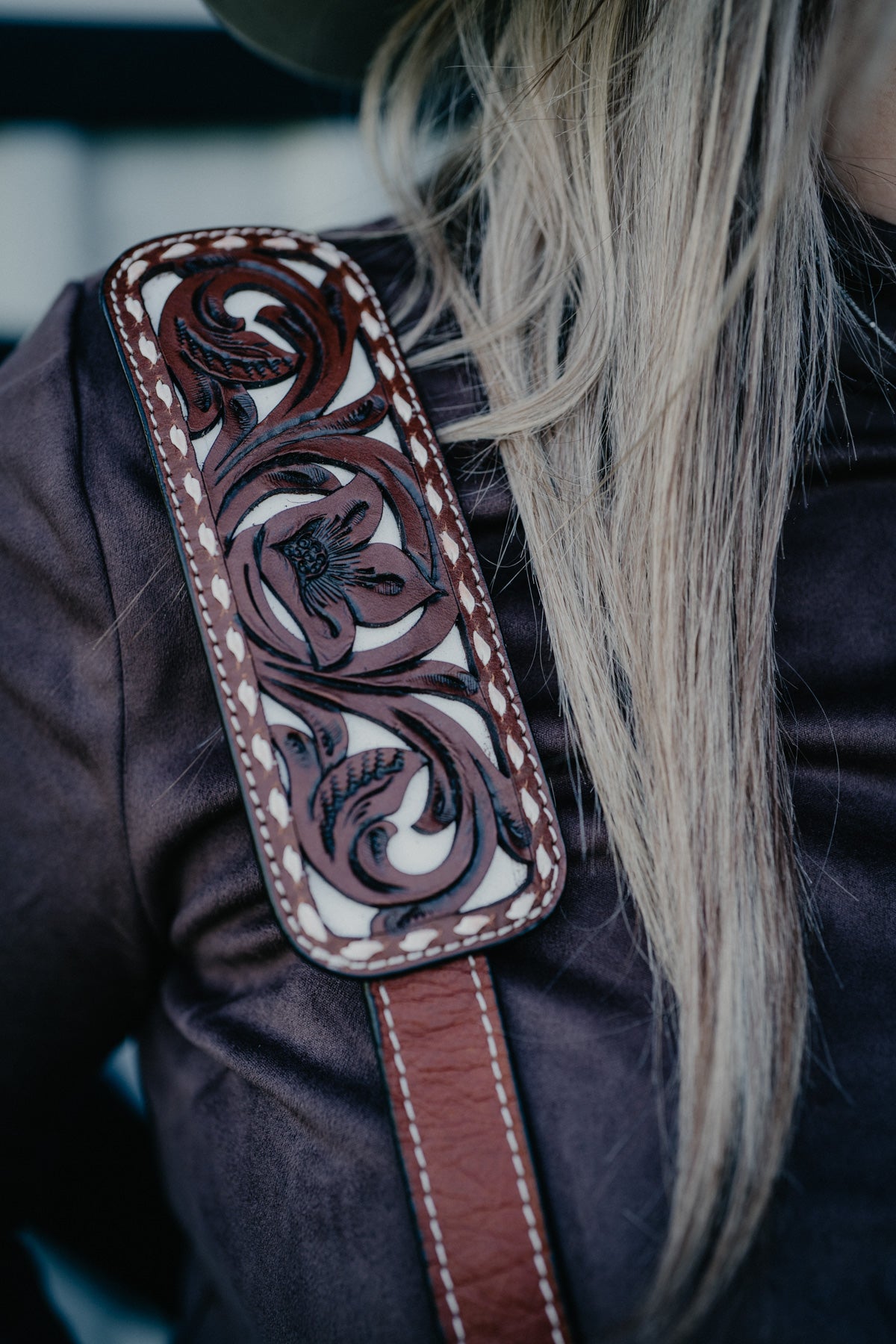 Laptop Bag with Filigree Floral Carvings and White Buckstitching